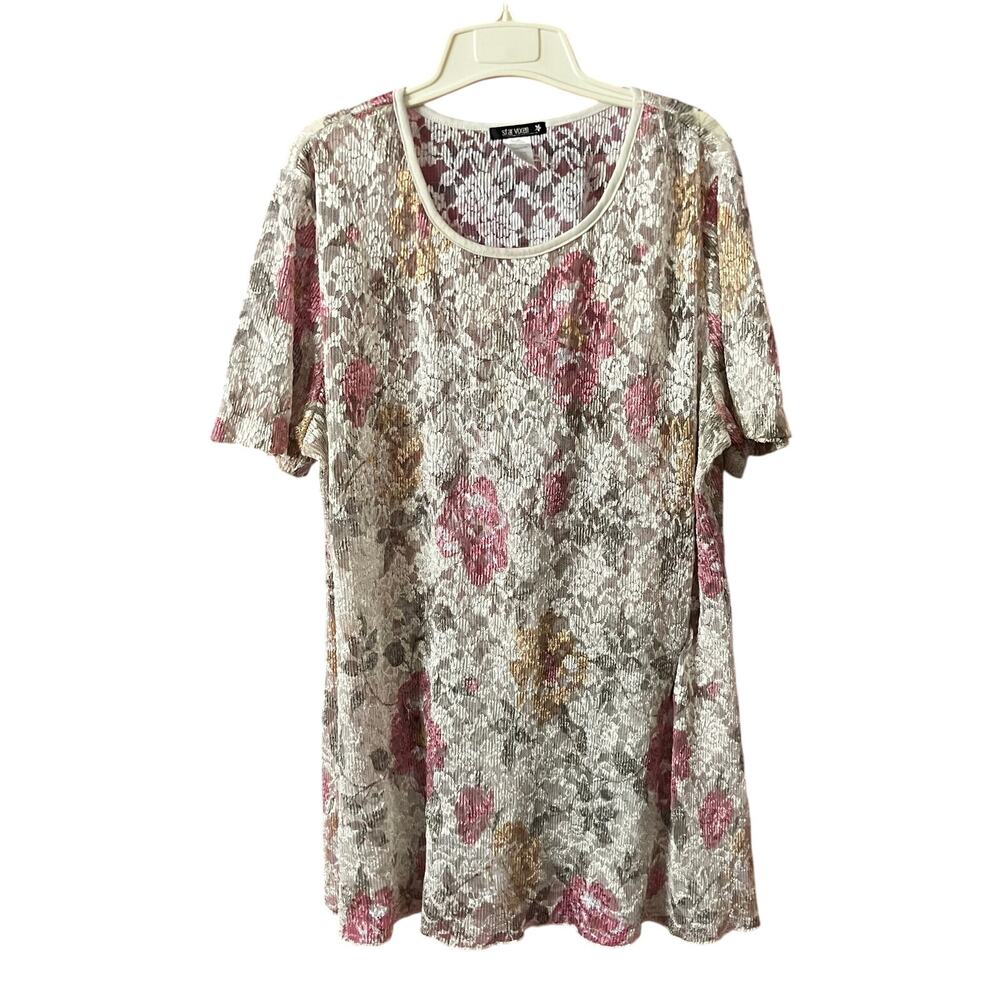 Floral Lace Sheer Short Sleeve Top Size 22 Beige Rose Cottagecore Boho Feminine